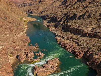 Day 8 and 9 - 119 Mile Rapid (119) to Thunder River Camp (Mile 134): Aerial view of Bedrock Rapid