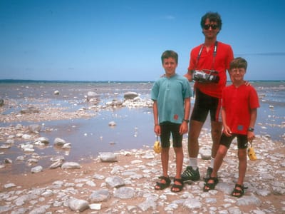Cherry Orchards Drive / Mackinaw City: Herb and boys at Old Mission Peninsula