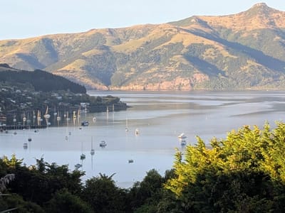 Akaroa: View of Akaroa Harbor from our campsite