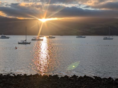 Akaroa: Sunset over Akaroa Harbor