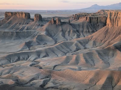 Mars Desert Research Station, Factory Butte, and Moonscape Overlook: Sunrise hits Moonscape