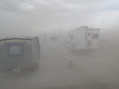 Prepping Me and the Motorhome for Burning Man: Dust storm upon arrival at the gate