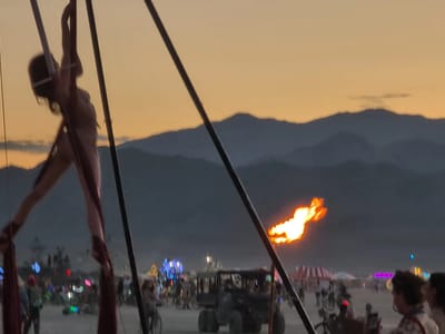 Our Burning Man Experience: Silk acrobatics at Treble Maker
