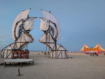 Our Burning Man Experience: Golden Gate bridge photo bombs the Sphinx Gates