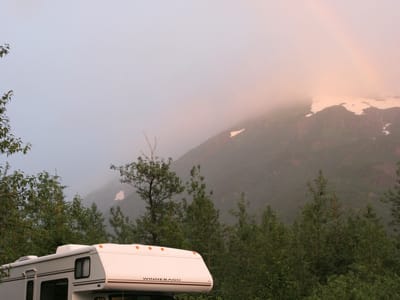 Portage Glacier: Rainbow over Winnie with boys