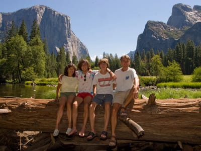 Yosemite Valley: Gaidus family on log with El Capitan