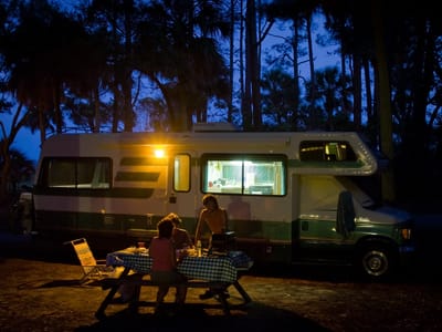 Hunting Island State Park: Campsite under palms at dusk