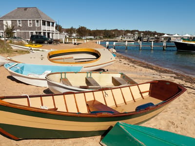 Tisbury: Small Craft on beach outside the Black Dog Tavern