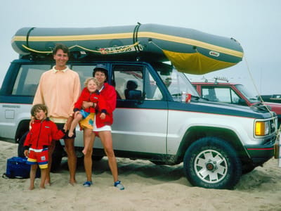 Chappaquiddick: Family on beach with Isuzu Trooper and Avon Redshank