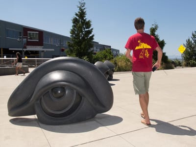 Seattle: Tom with Louise Bourgeois' Eye Benches