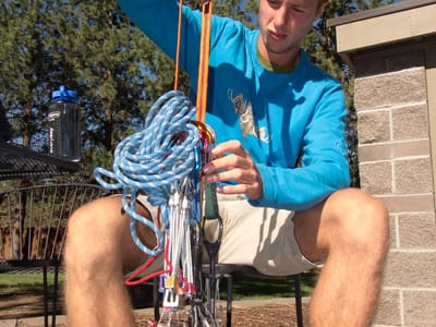 Bend: Tom organizing his climbing rack at the Crown Villa RV Resort