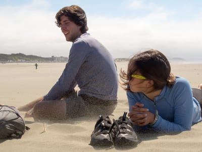 San Francisco North / Petaluma KOA and Side Trips to San Francisco: Andrew and Celeste in Pelting Sand at Ocean Beach