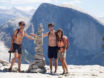 Yosemite National Park: Family with Faux Dad Rock Cairn on route to North Dome