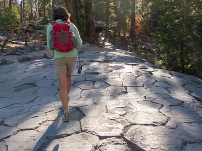 Eastern Sierra (South of  Mono Lake): Lolo Hiking on Top of Devils Postpiles