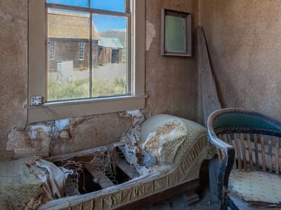 Eastern Sierra (North of  Mono Lake): Bodie Interior Couch with Window View