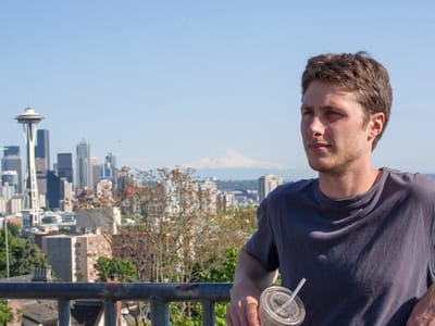 Seattle: Tom with Mount Rainier and Space Needle