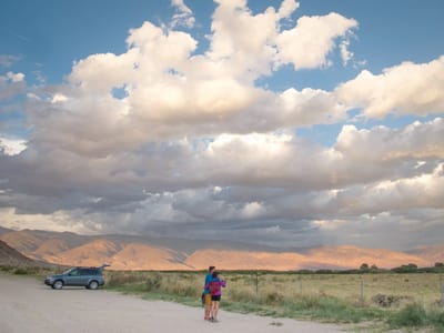Eastern Sierra - South (Mammoth Lakes, Bishop, and Lone Pine): Lolo and Tom Enjoying Happy Sunset
