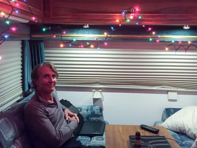 San Francisco North / Petaluma KOA: Herb in RV with XMAS Lights