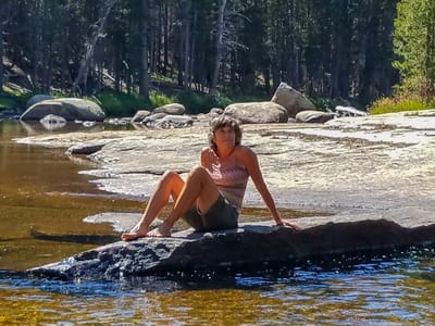 Tuolumne Meadows: Lolo chillin' along the Lyell Fork of the Tuolumne River