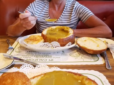 Santa Rosa to the start of the Mojave Road: Lolo enjoying her split pea soup at Andersen's