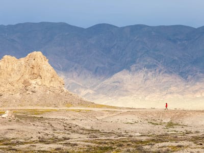 Trona Pinnacles: Lolo approaching a large pinnacle