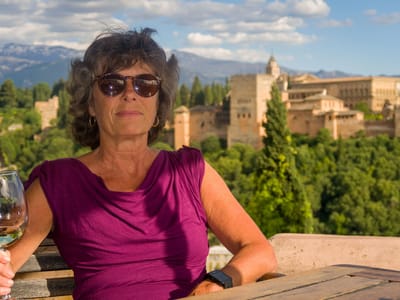Granada: Lolo enjoying her wine from atop the Albaicin
