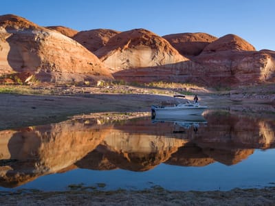 Lake Powell - San Juan Arm: Lolo waking up in a sea of reflections