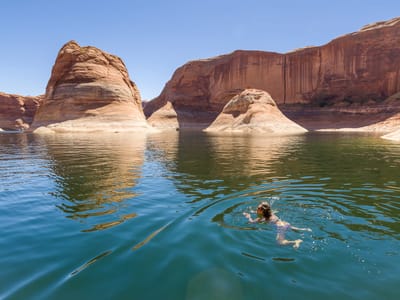 Lake Powell - Reflection Canyon and Register Rock: Lolo swimming amongst the reflections