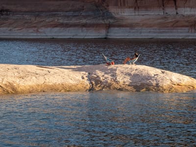 Lake Powell - Defiance House and across from Annie’s Canyon: Cocktail hour at our campsite across from Annie's Creek