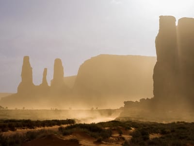 Monument Valley Navajo Tribal Park: \"Three Sisters\" through the storm