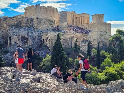 Athens: Lolo climbing the slippery marble of Mars Hill
