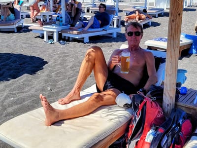 Santorini: Herb enjoying himself at Paralia Perivolos (Black Sands Beach)
