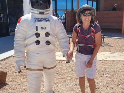 Route 66 quirky stops, Barstow, and Home: Lolo making friends at Meteor Crater