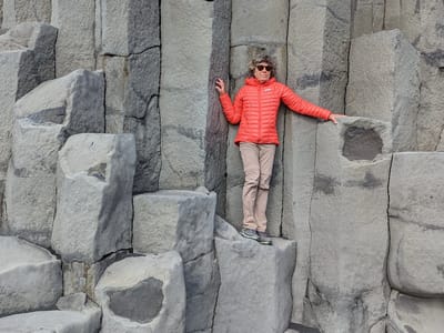 Vik - Dyrhólaey and Reynisfjara Black Sand Beach: Climbing the basalt columns of Reynisfjara