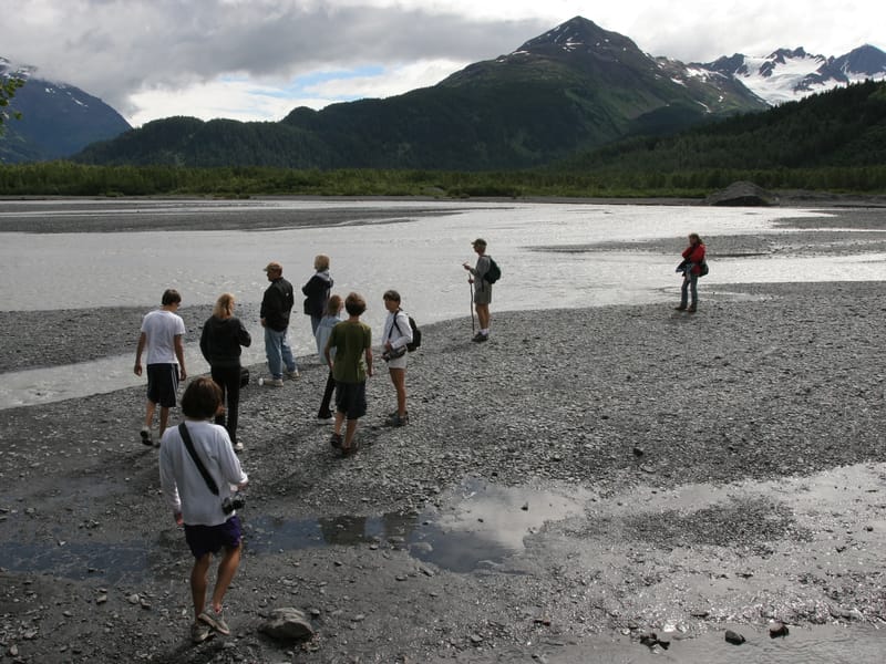 Gang hiking on the flat outwash plain