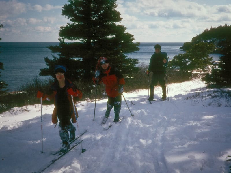 Cross-Country Skiing on trail over ocean