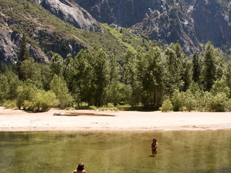 Lolo and boys wading the Merced
