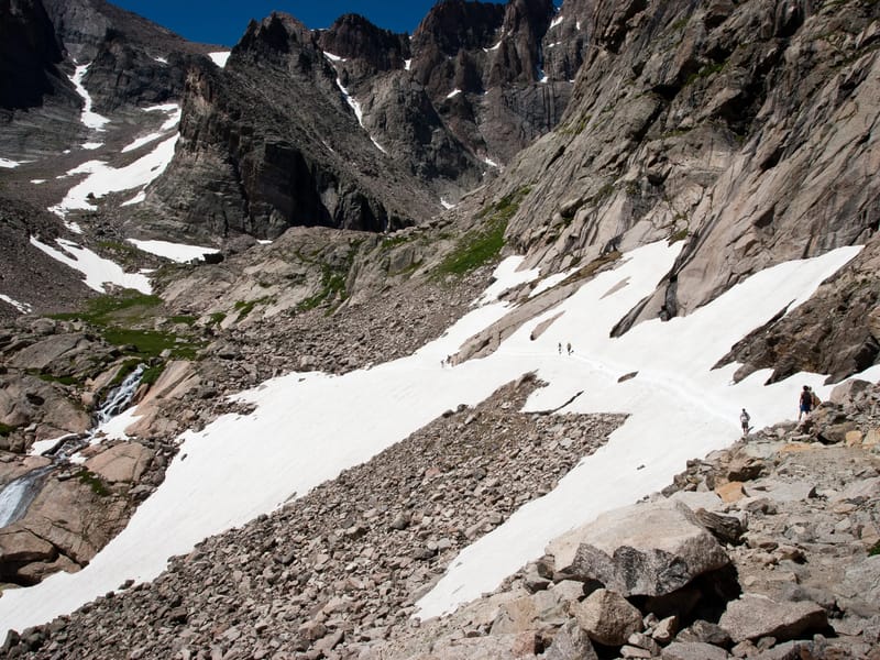 Snowfield traverse on Chasm Lake Hike