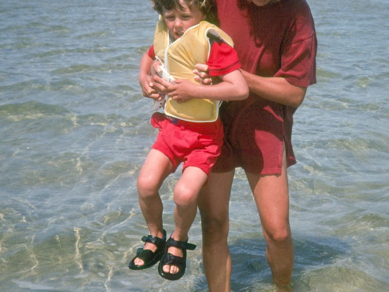 Lolo keeping Tommy's toes from Crabbies in Lake Tashmoo