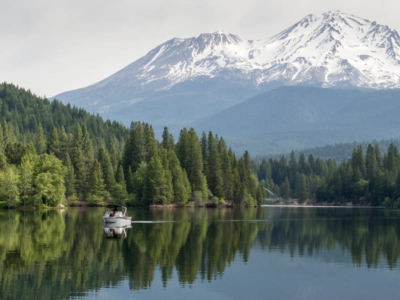 Lake Siskiyou Boat with Mount Shasta
