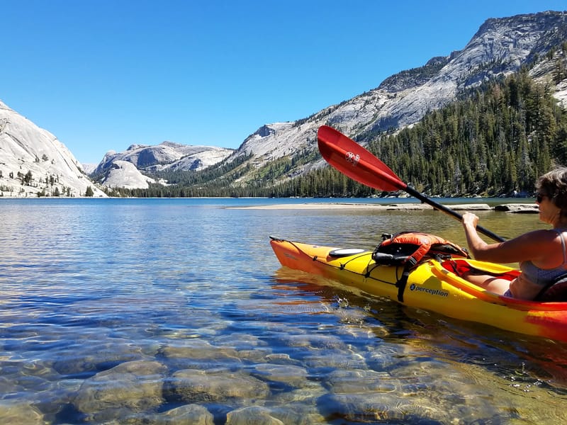 Lolo kayaking on Tenaya Lake