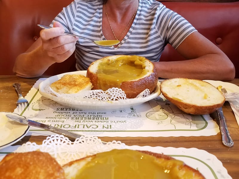 Lolo enjoying her split pea soup at Andersen's
