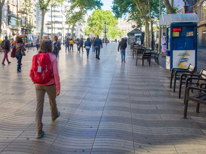 Lolo strolling along the wavy tile work of Las Ramblas