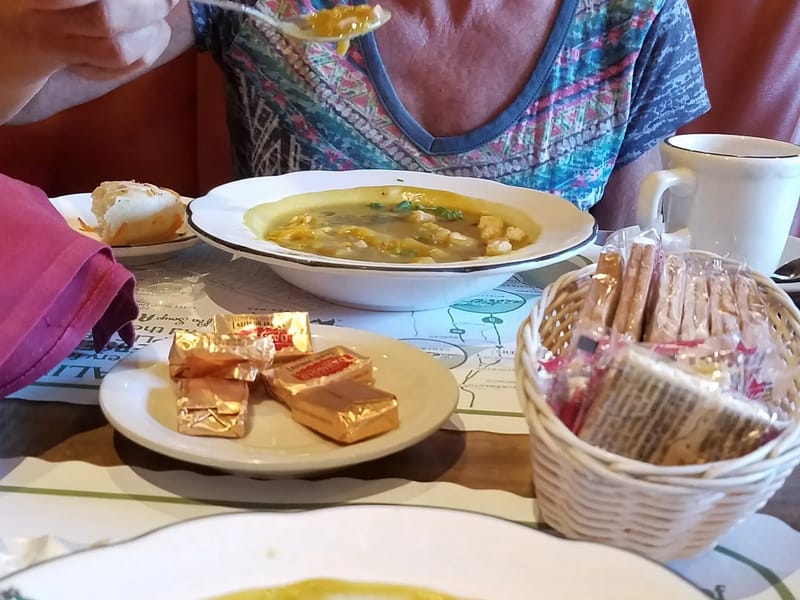 Lolo enjoying pea soup at Pea Soup Andersen's