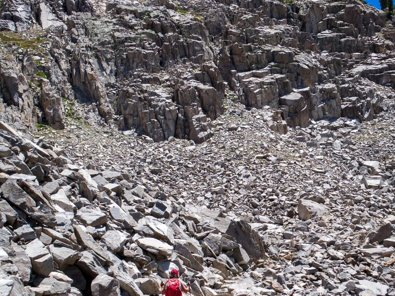 Crossing the scree and rocks on the way to Duck Pass