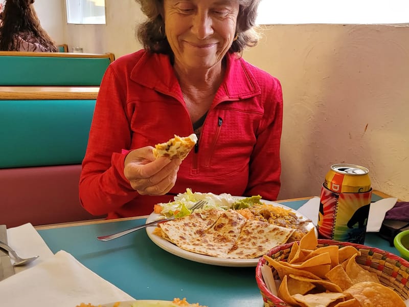 Lolo looking very please at the Salt Flats Cafe