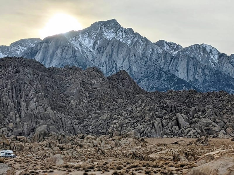 Sun sinking behind Mt. Whitney