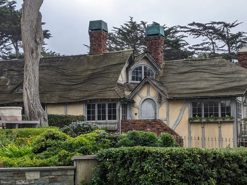 Fairy-tale gingerbread houses with stone chimneys and wavy pitched roofs.