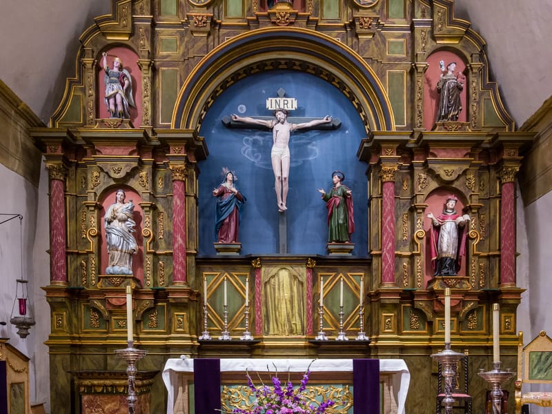 Carmel Mission Altar with portrait of Juniper Serra